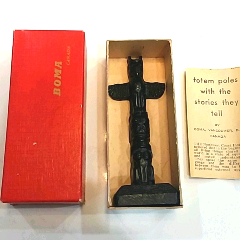 Vtg Boma carved Totem Pole with box and insert